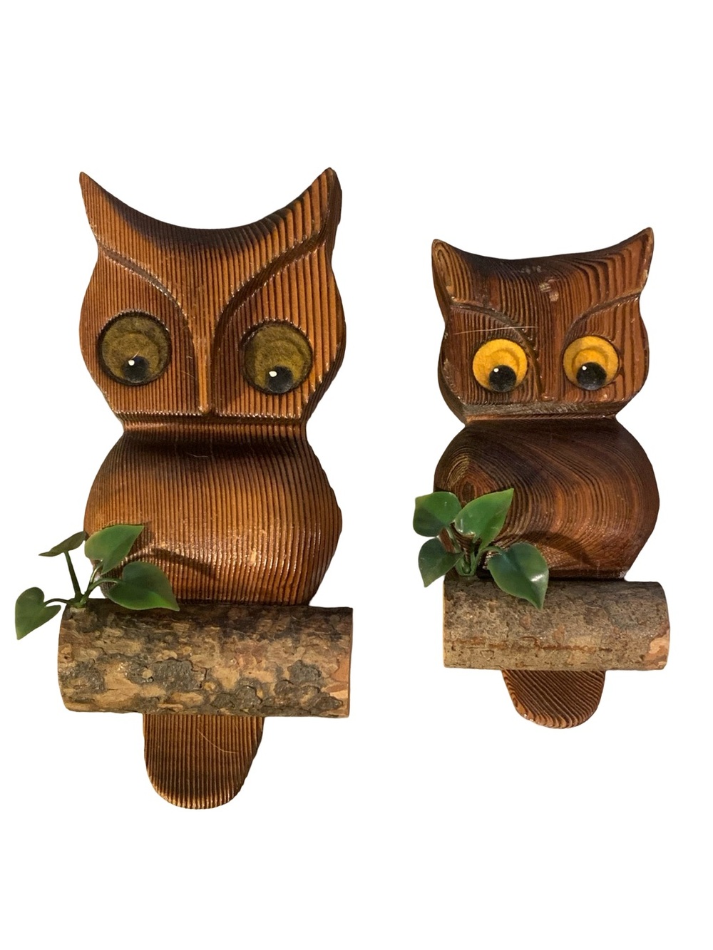 Folk Art Vintage Rustic Woodsy Owls Pair Scrap Wood Twig Felt Eyes Handcrafted